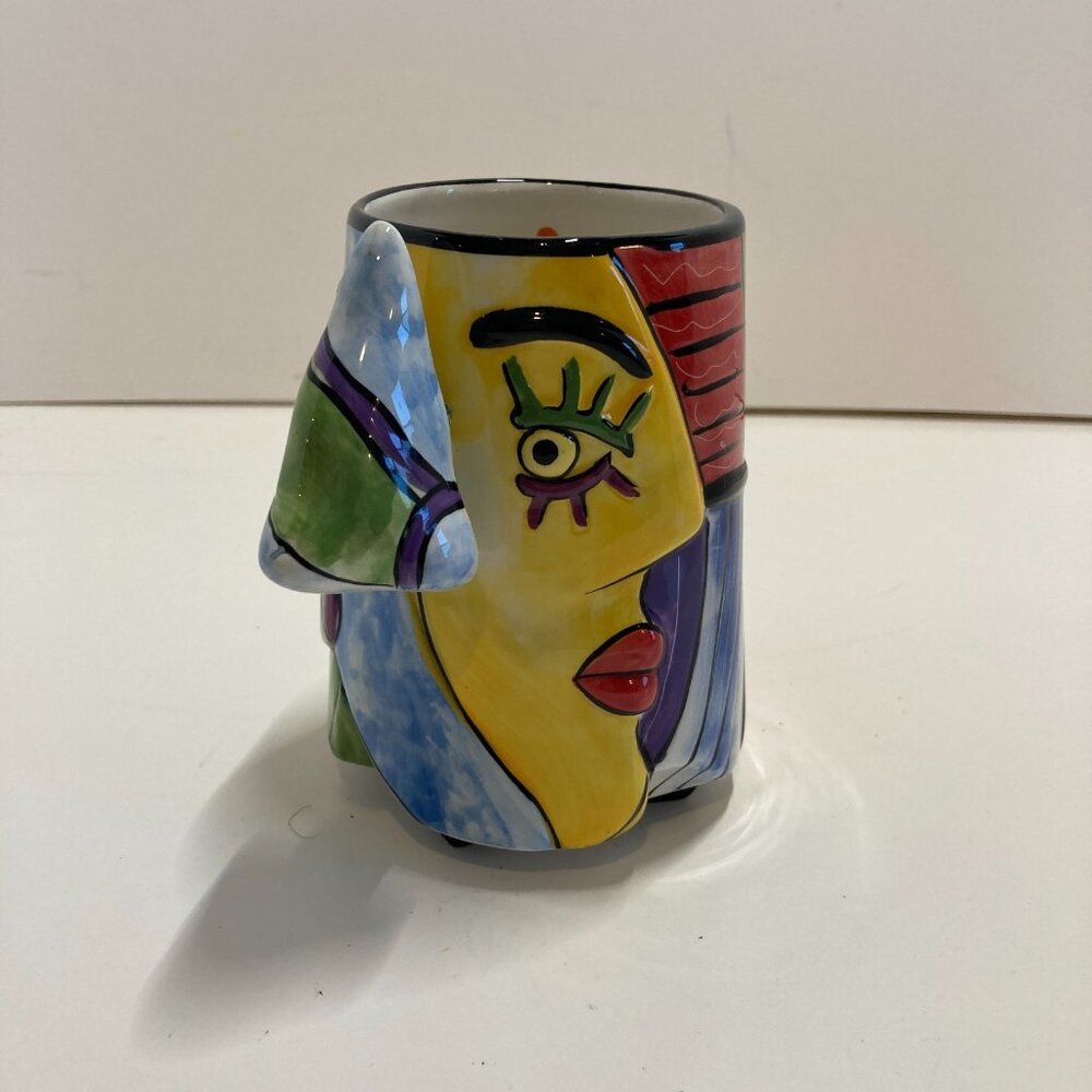 Muzeum Picasso Inspired Face Mug Planter Large Nose Abstract Hand Painted 12oz